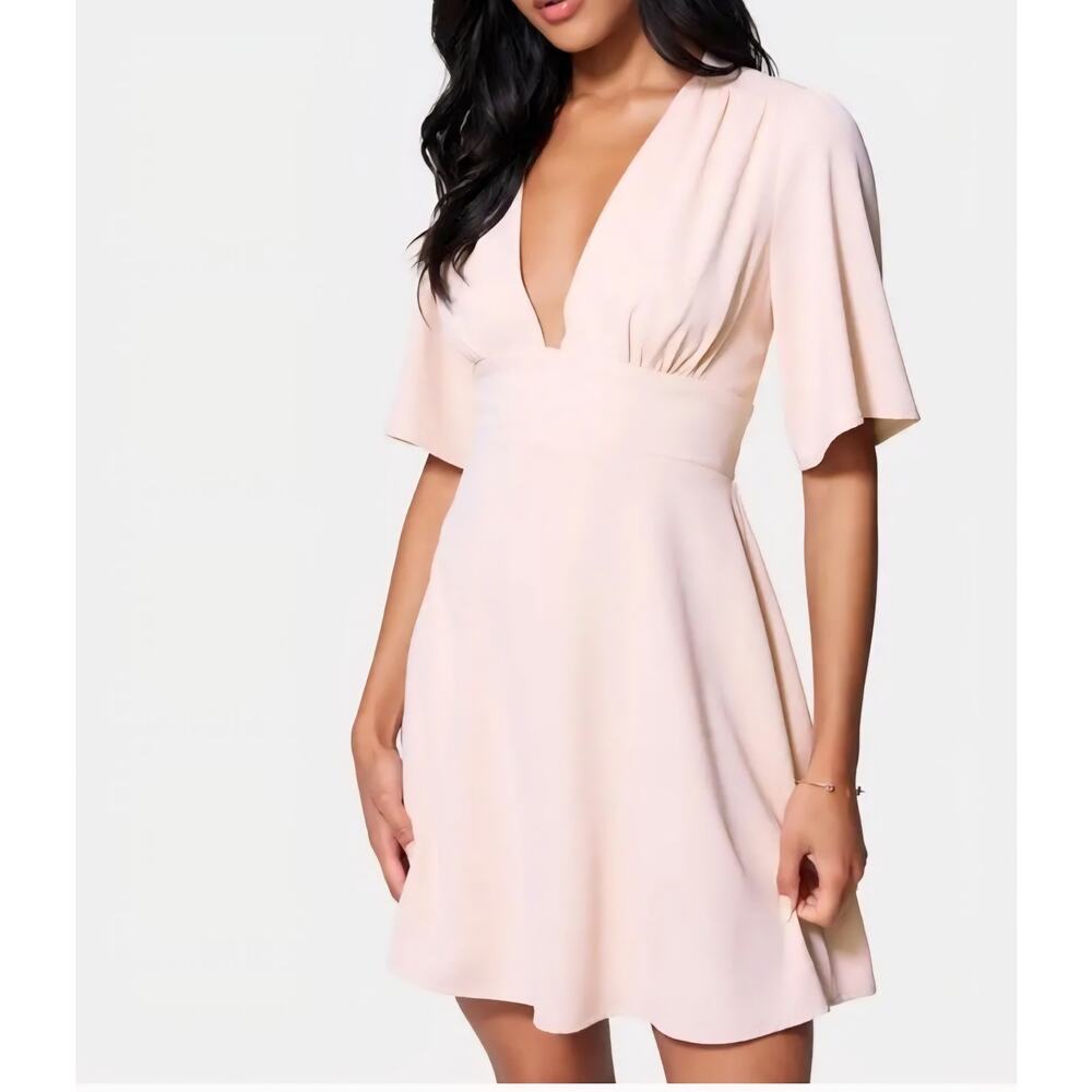 bebe blush pink deep V-neck flutter puff sleeve fit & flare mini dress XL A-line